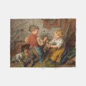 お友達(幼い遊男の子とペットのうさぎ) フリースブランケット (正面(横))