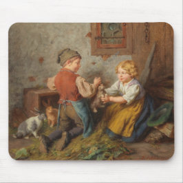 お友達(幼い遊男の子とペットのうさぎ) マウスパッド