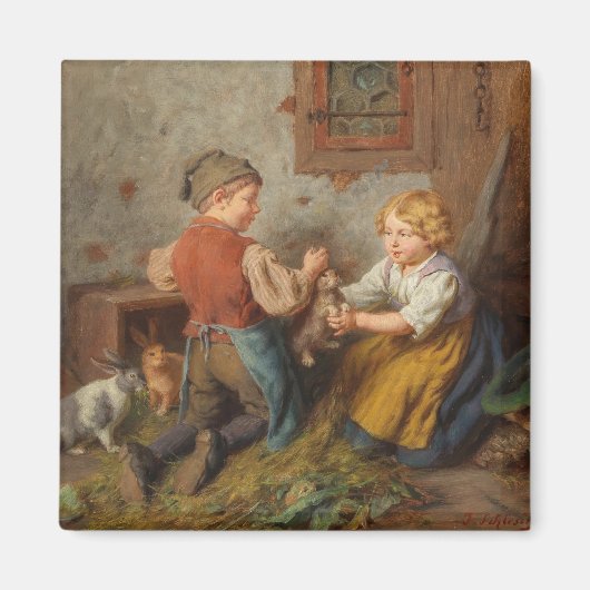 お友達(幼い遊男の子とペットのうさぎ) マグネット (正面)