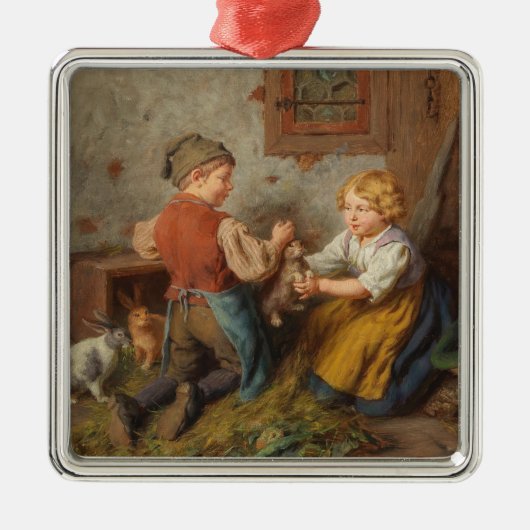 お友達(幼い遊男の子とペットのうさぎ) メタルオーナメント (正面)