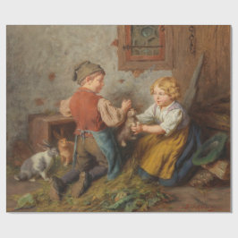 お友達(幼い遊男の子とペットのうさぎ) ラッピングペーパー