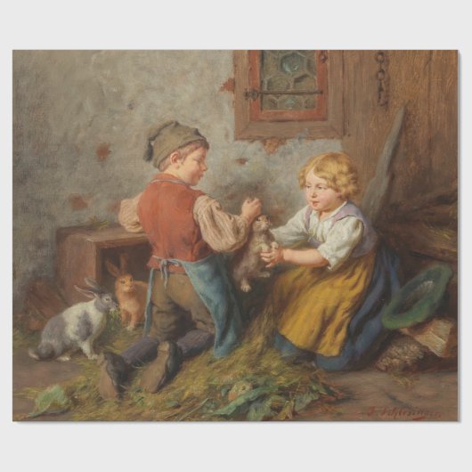 お友達(幼い遊男の子とペットのうさぎ) ラッピングペーパー (フラット)