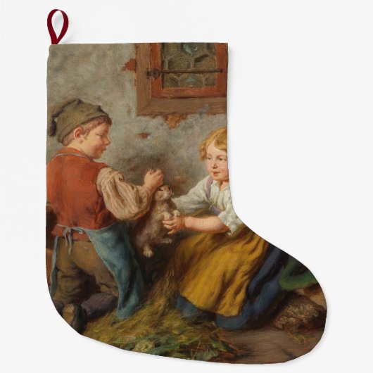 お友達(幼い遊男の子とペットのうさぎ) ラージクリスマスストッキング (正面)