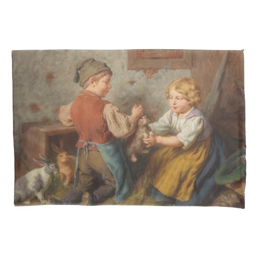 お友達(幼い遊男の子とペットのうさぎ) 枕カバー (正面左)