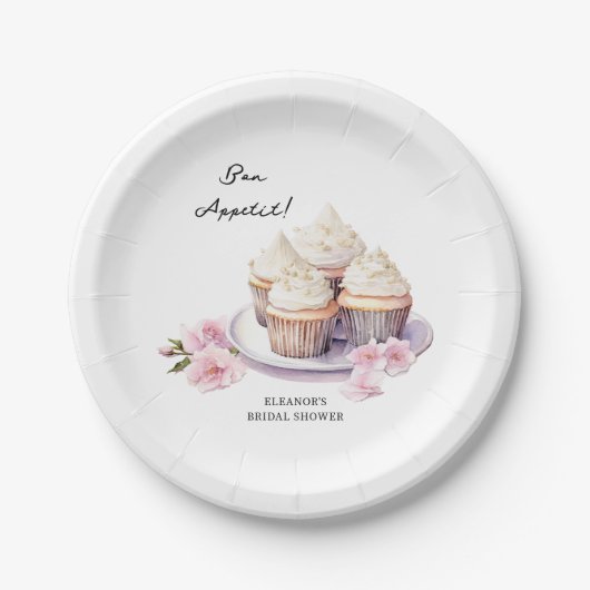 お召し上がりカップケーキとピンクの花 ペーパープレート (正面)