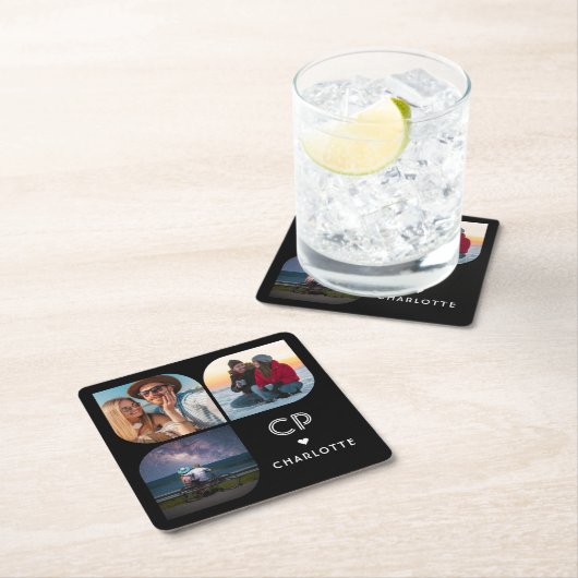 お名前とモノグラム 3 枚の写真 現代的 おしゃれ シンプル スクエアペーパーコースター (インサイチュ)