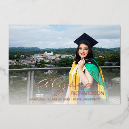 お名前と写真の大学院生ホワイトフォイル発表 箔招待状