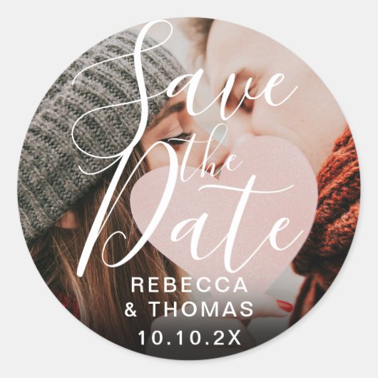 お名前と写真入り Save the Date スクリプト ステッカー (正面)