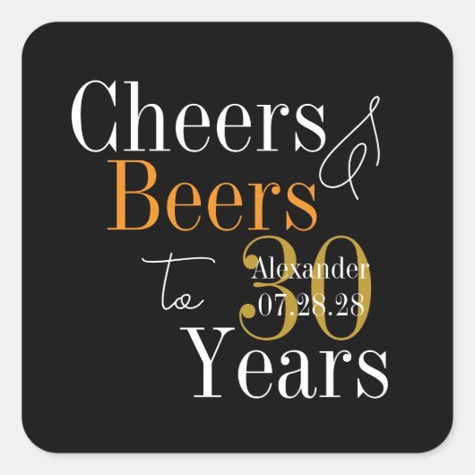 お名前と日付が入る、30歳の誕生日パーティーに最適な「30年、お疲れ様&ビール」デザイン スクエアシール (正面)