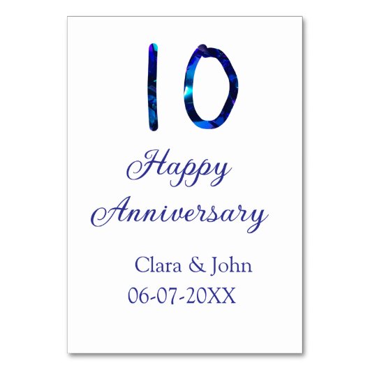 お名前と日付を追加した10周年ブルーグリッター テーブルナンバー (正面)