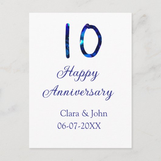 お名前と日付を追加した10周年ブルーグリッター ポストカード (正面)