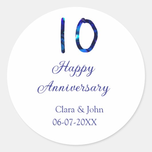 お名前と日付を追加した10周年ブルーグリッター ラウンドシール (正面)
