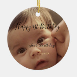 お名前と日付入り1歳の誕生日おしゃれカリグラフィー セラミックオーナメント