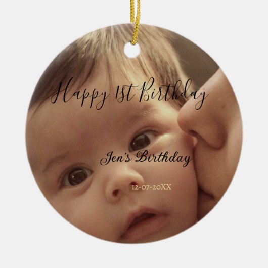 お名前と日付入り1歳の誕生日おしゃれカリグラフィー セラミックオーナメント (正面)