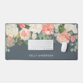 お名前のピンクとグレーの水色フローラ デスクマット (キーボード&マウス)