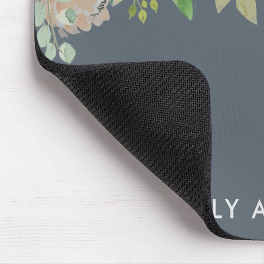 お名前のピンクとグレーの水色フローラ マウスパッド (コーナー)