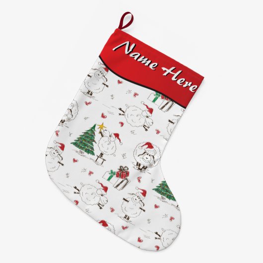 お名前はこちら – Cute Christmas Sheep ラージクリスマスストッキング (正面 (吊り時))