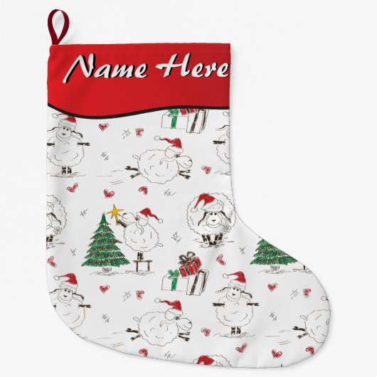 お名前はこちら – Cute Christmas Sheep ラージクリスマスストッキング (正面)
