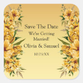 お名前を入れて、保存日付を 、ゴールデンイエローの花 スクエアシール (正面)