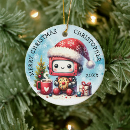 お名前を追加メリークリスマスかわいいロボット セラミックオーナメント