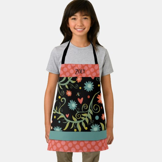 お名前スタイリッシュ花ピンク色のドットのインスピレーション エプロン (インサイチュ)