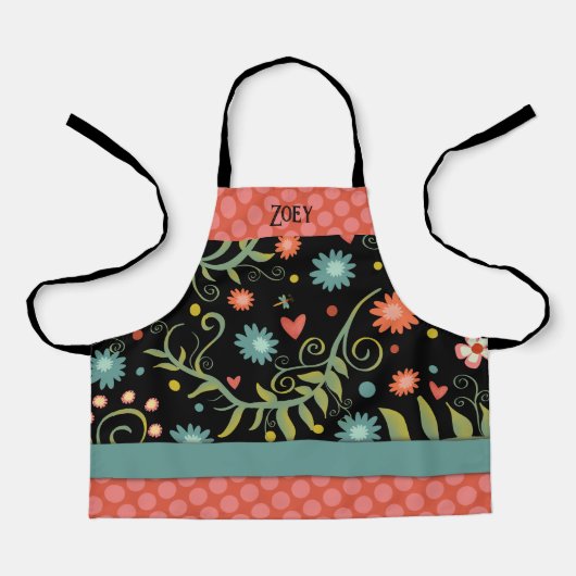 お名前スタイリッシュ花ピンク色のドットのインスピレーション エプロン (正面)