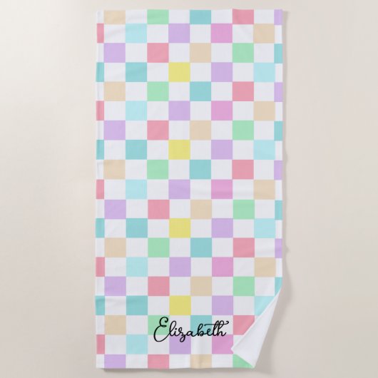 お名前パステル市松模様にカラーカスタムズ ビーチタオル (正面)