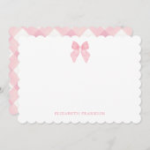 お名前入りのエレガントなピンクのギンガム水彩リボン ノートカード (正面/裏面)