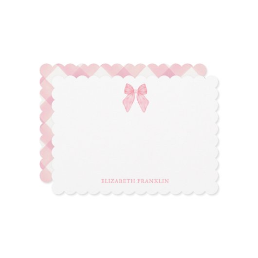お名前入りのエレガントなピンクのギンガム水彩リボン ノートカード (正面/裏面インサイチュ)