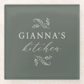 お名前入りのグリーンボタニカルキッチン ガラスコースター (正面)