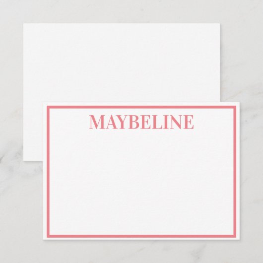 お名前入りのサーモンピンクとホワイトのフラットノートカード 招待状 (正面/裏面)