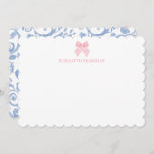 お名前入りのピンクの蝶ネクタイのギンガム赤ちゃんステーショナリー ノートカード (正面/裏面)