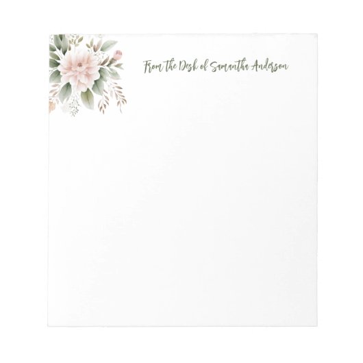 お名前入りのピンクグリーン花柄 あなたの机から ノートパッド (正面)