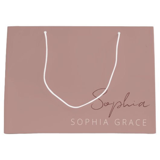お名前入りのモダンな手書きフォントのダスティーローズ ラージペーパーバッグ (正面)