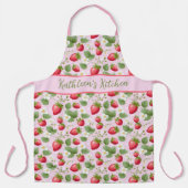お名前入りの苺の赤いピンクの白い花 エプロン (正面)