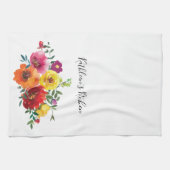 お名前入りの赤黄色ピンクの水彩花模様 キッチンタオル (横)