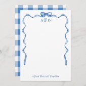 お名前入りの青いリボン付きギンガム新生児ステーショナリー ノートカード (正面/裏面)