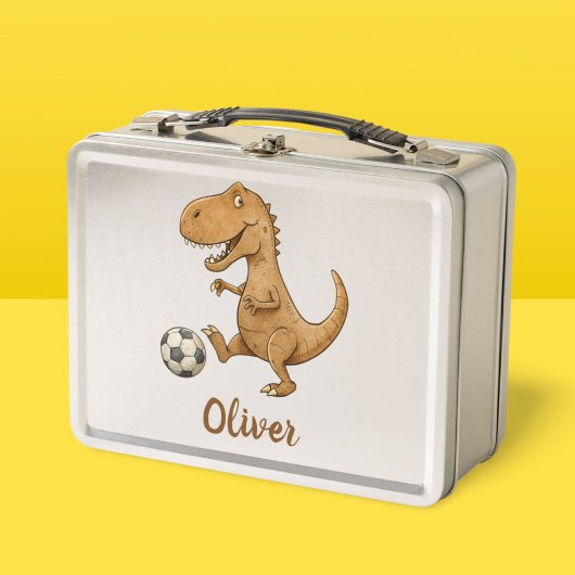 お名前入りサッカーする小さなティラノサウルス メタルランチボックス
