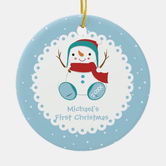 お名前入りスノーマンベイビーの初めてのクリスマス セラミックオーナメント (正面)