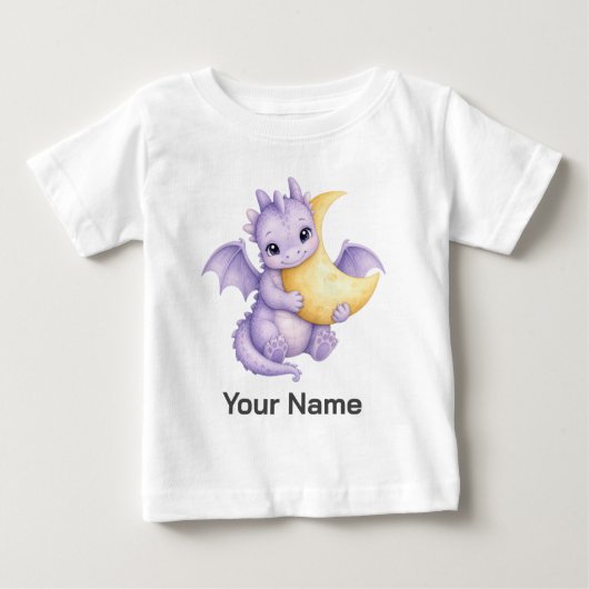 お名前入りベビードラゴンの月抱き抱えデザイン ベビーTシャツ (正面)