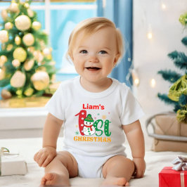お名前入り赤ちゃんの初めてのクリスマスの雪だるまの服 ベビーTシャツ