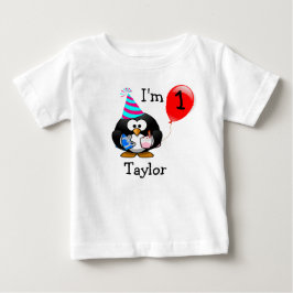お名前入り かわいい ペンギンの1歳の誕生日パーティー ベビーTシャツ