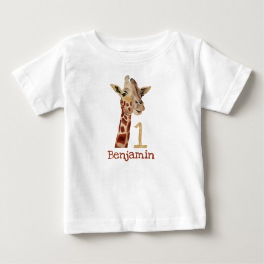 お名前入り キリンさん 1歳の誕生日 名前 ベビーTシャツ (正面)