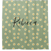 お名前入り スクリプトネーム かわいいデイジー柄 緑 シャワーカーテン (正面)