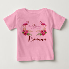 お名前入り フラミンゴ ハイビスカス ピンク ガーリー 誕生日 ベビーTシャツ
