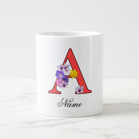 お名前入り フラワーモノグラム A + お名前 ジャンボコーヒーマグカップ (正面)