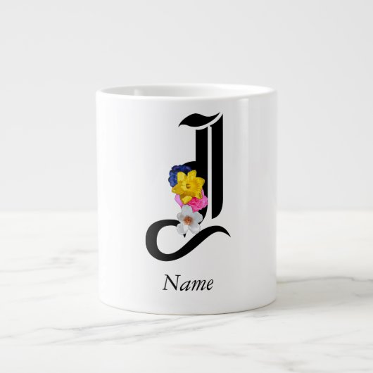 お名前入り フローラル モノグラム J + お名前 ジャンボコーヒーマグカップ (正面)