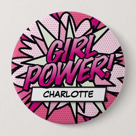 お名前入り GIRL POWER コミックブック ピンク 缶バッジ (正面)
