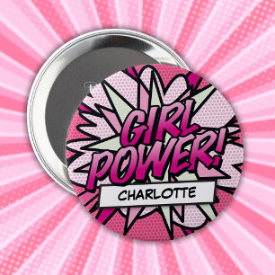お名前入り GIRL POWER コミックブック ピンク 缶バッジ