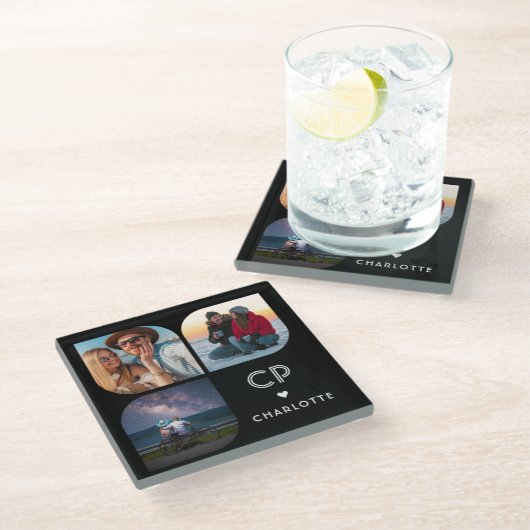 お名前3枚の写真 モダン シンプル おしゃれなモノグラム ガラスコースター (アングル)